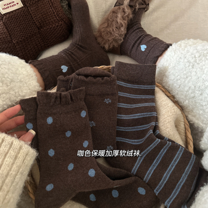 Winter Thickened Warm Soft Velvet Coffee Korean Style Ins Heart Floral Striped Mid-Calf Socks Versatile Slouch Socks Women's Socks Winter Thickened Warm Soft Velvet Coffee Korean Style Ins Heart Floral Striped Mid-Calf Socks Versatile Slouch Socks Women's Socks