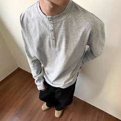 薄い灰色のアメリカ式ヘンリー襟長袖男性モデル春秋高級感郭形tシャツcleanfit短い幅の上着