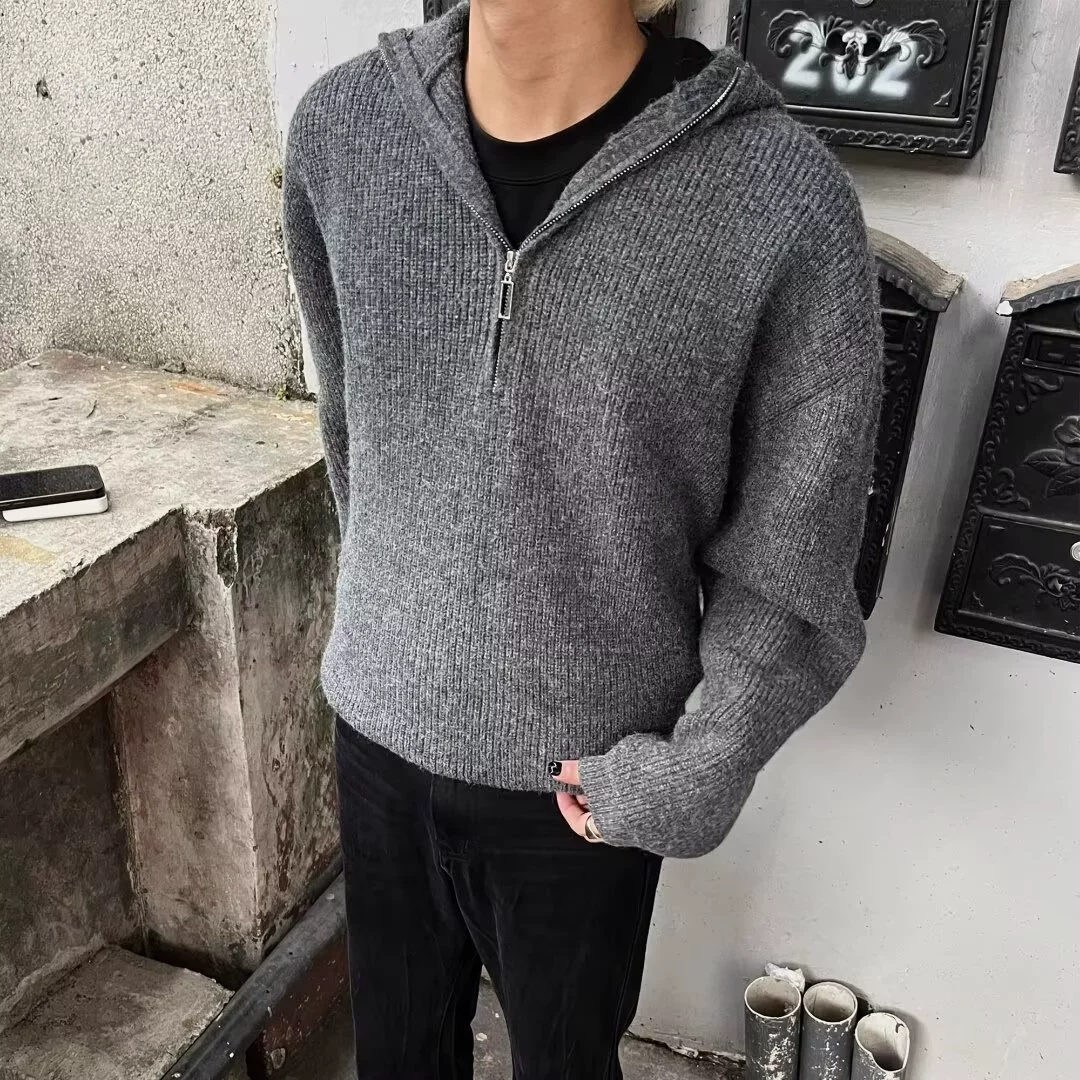 Design demi-season sweater with zipper with hood, knitted cardigan, jacket, trend of season, with a zipper, loose fit