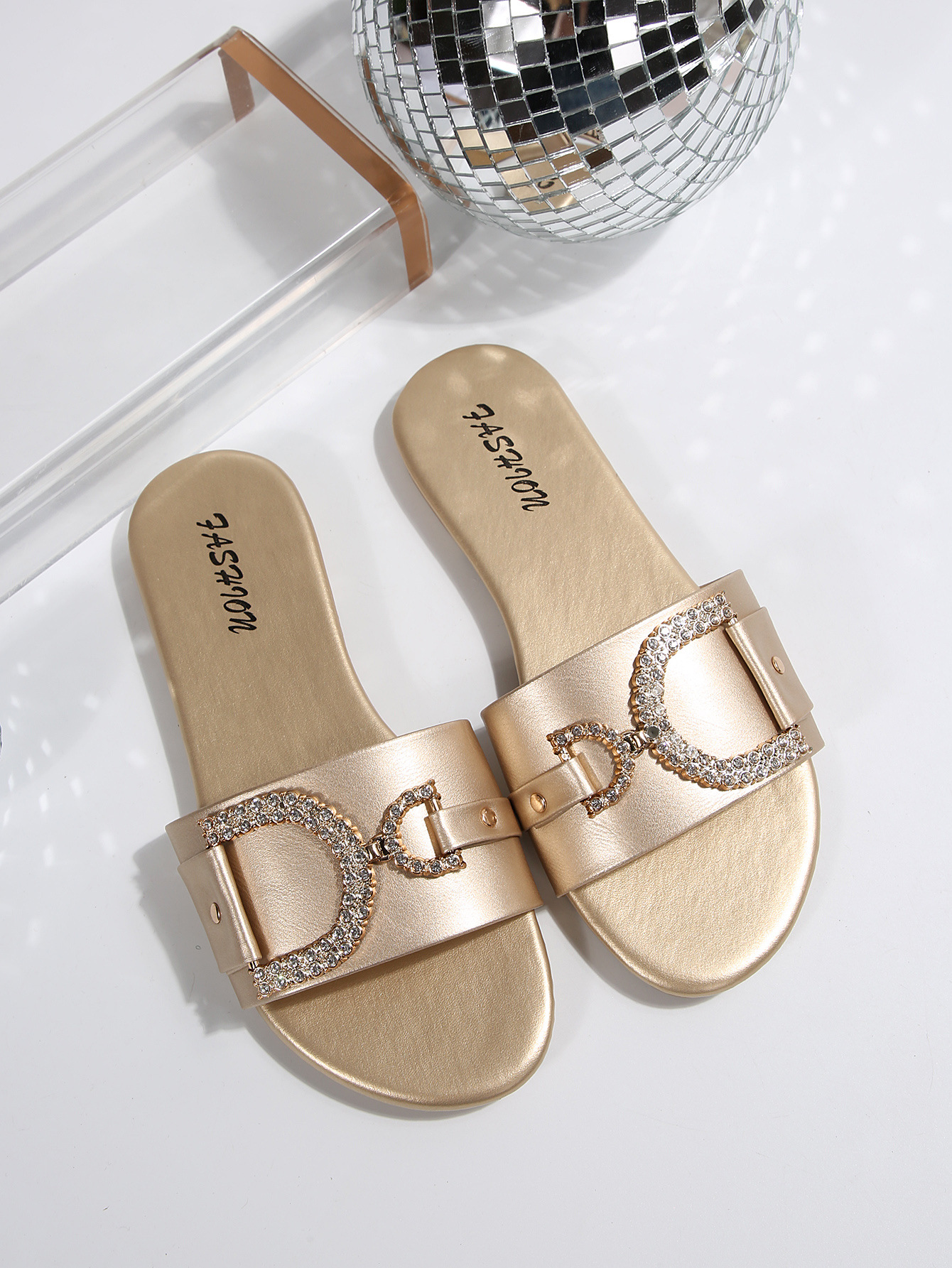 SHLIANG Women's Fashion Flat Slippers Rhinestone Simple Open-Toe Solid Color Metal Buckle Decoration Daily Commuting Outdoor Slippers Sandals V0183_vogvips.com