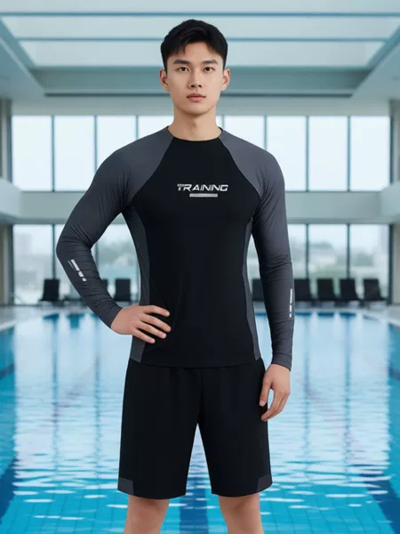 Korean Split Wetsuit Quick-Drying Sun Protection Three-Piece Set Men's Long-Sleeved Swimsuit Surfing Suit Gray Swimsuit Set