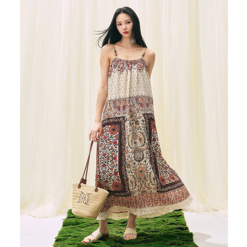 [Shengdu] Big Sale Bohemian Lazy Vacation Suspender Print Beaded Tassel Seaside Long Dress
