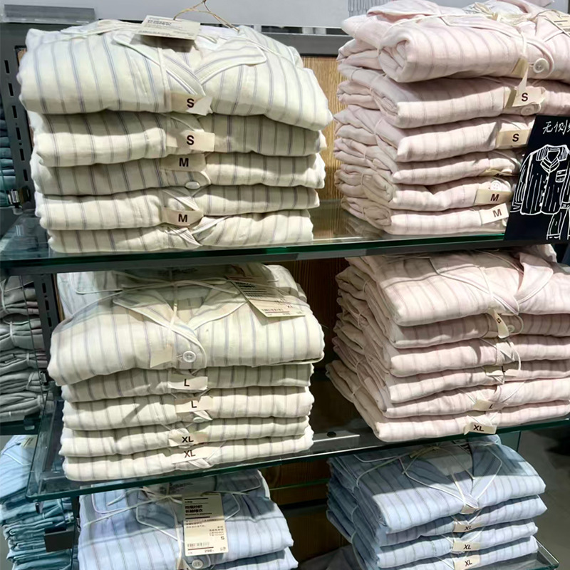 Japanese-style Muji Nishikawa all-cotton double-layer gauze home wear, high-quality striped new long-sleeve long-pants women's pajamas Japanese-style Muji Nishikawa all-cotton double-layer gauze home wear, high-quality striped new long-sleeve long-pants women's pajamas