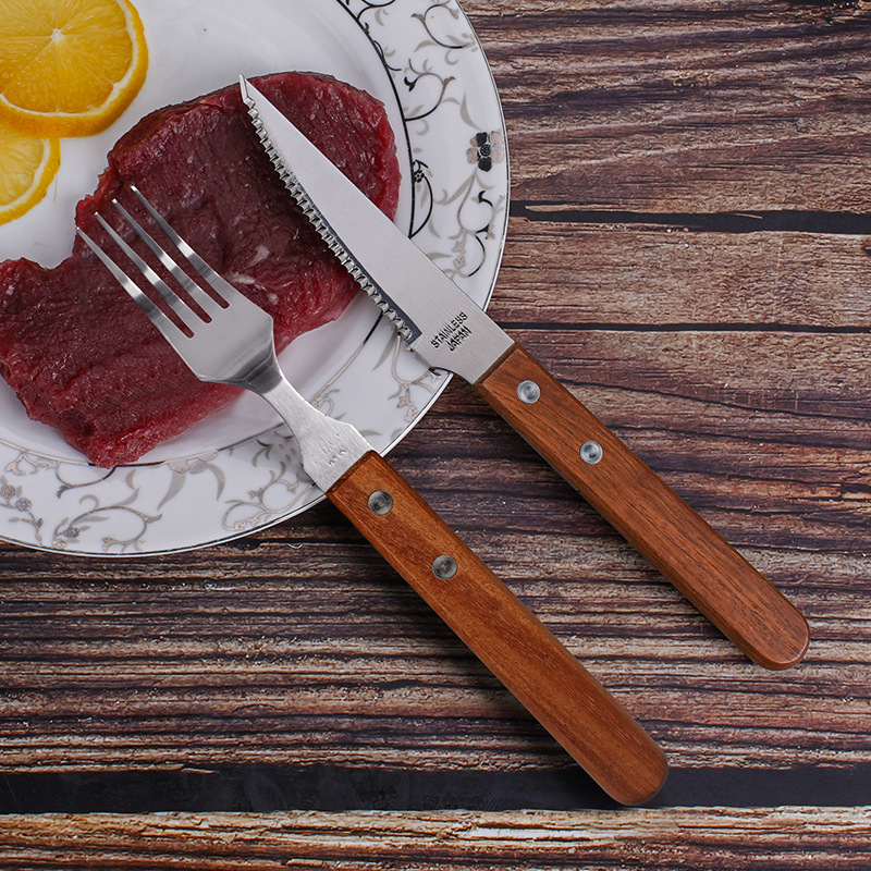 Fábrica al por mayor mango de madera cuchillo y tenedor de filete set cubiertos dos piezas set snack tenedor cubiertos de acero inoxidable occidental