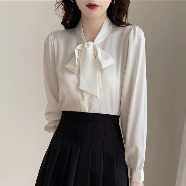 Белая рубашка с длинными рукавами топы с бантом женская осень 2025 новый темперамент дизайн нишевые рубашки