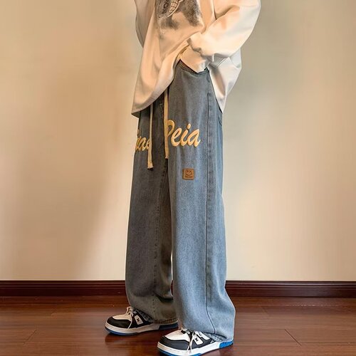 American Street Pop Letter Denim Jeans for Men - Spring and Autumn New Streetwear Loose Straight Leg Wide Leg Long Pants