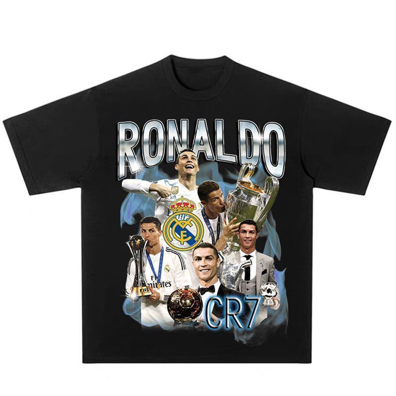Cristiano Ronaldo Real Madrid Star Championship Moment T-Shirt for Men, Summer Student Pure Cotton Short-Sleeve Trendy Ins Style Base Shirt with Print, Slim Fit