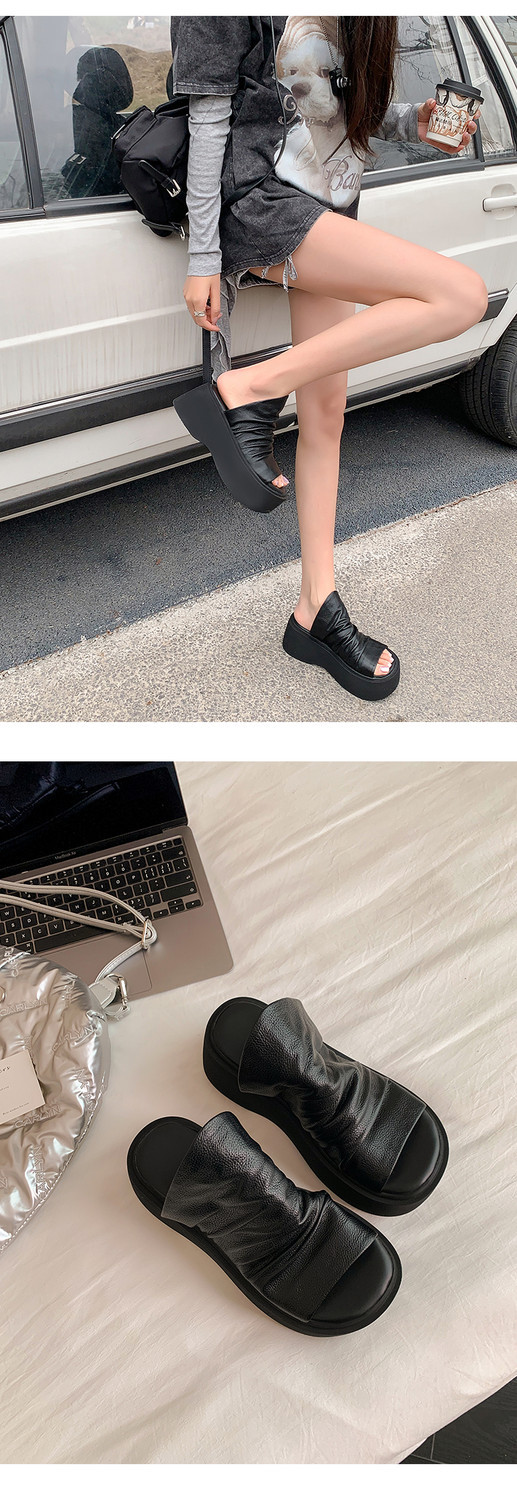 Dép sandal nữ hở mũi đế dày xếp li phong cách La Mã — đen, trắng chi tiết 12