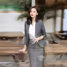 灰色干练气质女装西装外套时尚通勤包臀修身显瘦套装a字裙两件套