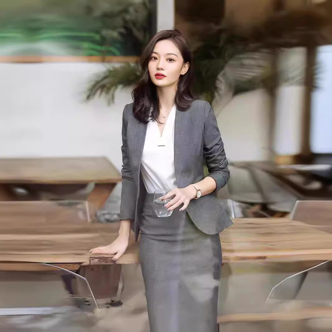 灰色干练气质女装西装外套时尚通勤包臀修身显瘦套装a字裙两件套