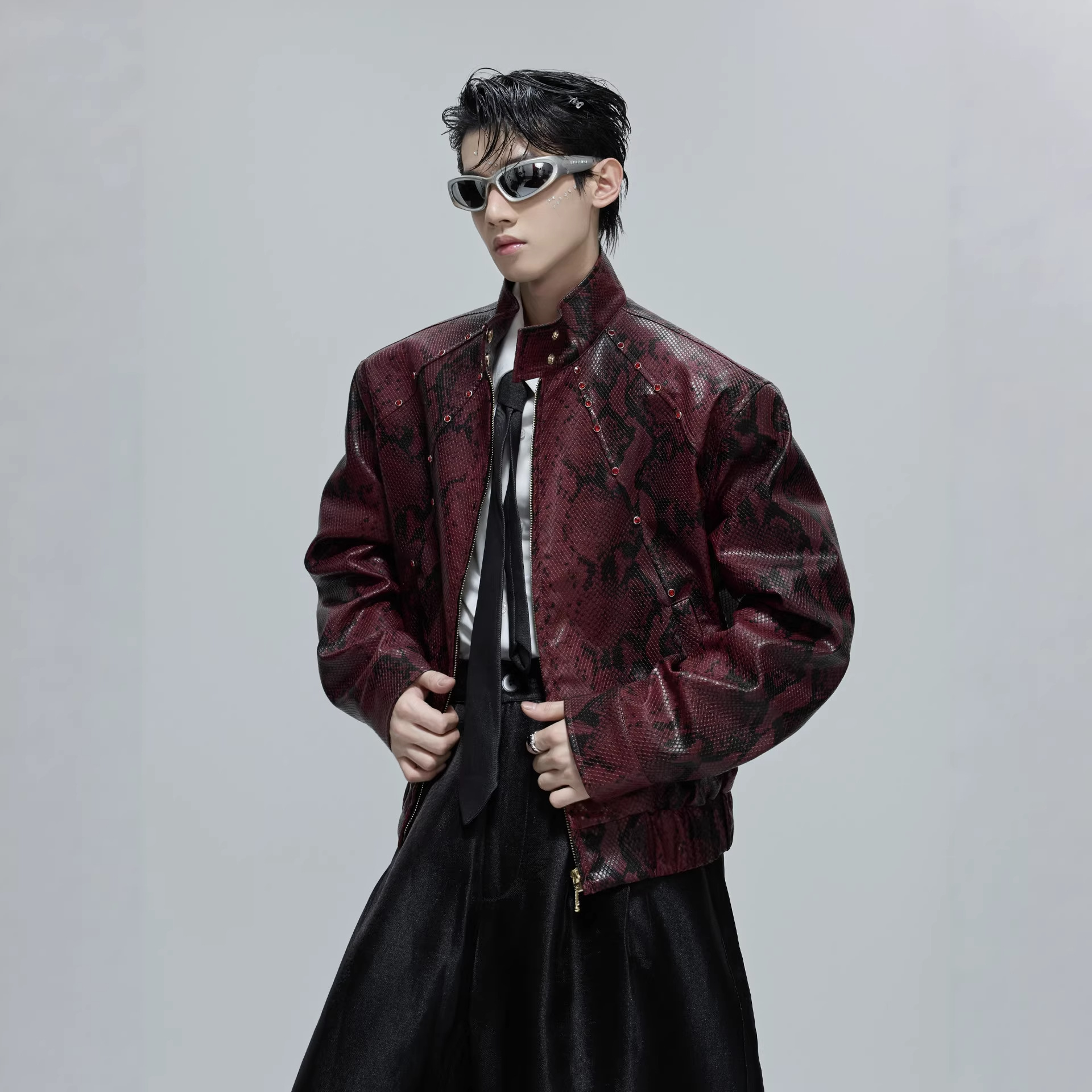 蛇蟒纹短款皮衣外套男春季潮牌痞帅炸街机车夹克hiphop立领棒球服