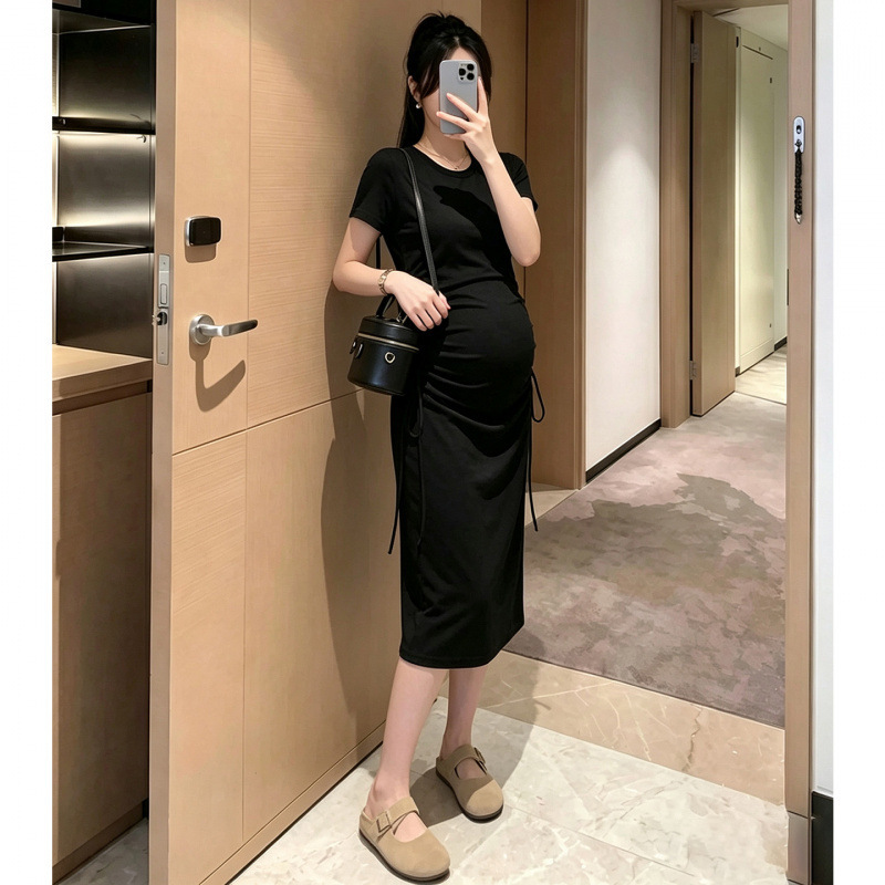 Maternity dress for summer, trendy design for fashionable moms, stylish pleated drawstring mid-length slimming T-shirt dress, casual dress