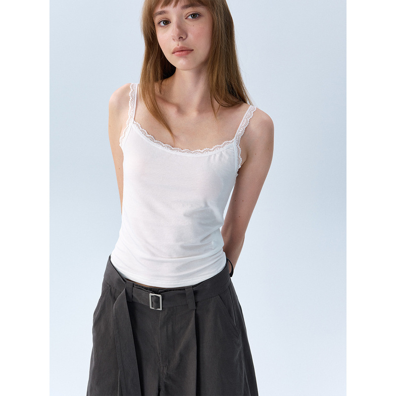 【Daihe】New Autumn Casual Off-Shoulder Lace Trim Slim-Fit Solid Color Camisole Top H63155 【Daihe】New Autumn Casual Off-Shoulder Lace Trim Slim-Fit Solid Color Camisole Top H63155
