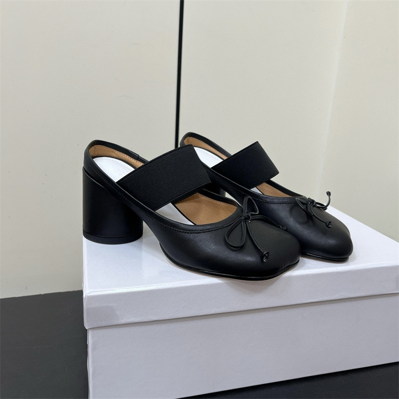 ジェニーと同じM6マルジェラ風ハイヒール、アップルトゥ、スリッポン、レディース、チャンキーヒール、ミュール、リボン付きバレエシューズ