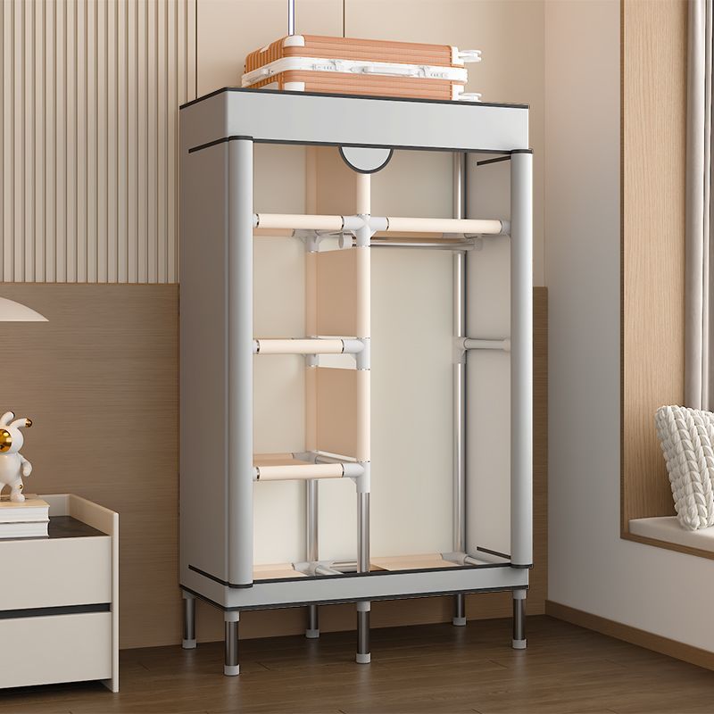 Multi-Compartment Simple Fabric Wardrobe with Reinforced Steel Pipes, Single Assembly, Zipper, Fully Enclosed for Rental Housing Hanging Wardrobe