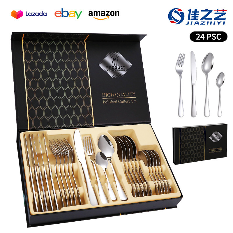 Amazon cross-border 1010 silver stainless steel cutlery set 24 pieces gift box