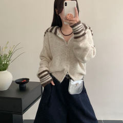 条纹撞色海军领减龄学院风针织开衫女秋冬新款毛衣外套上衣小个子