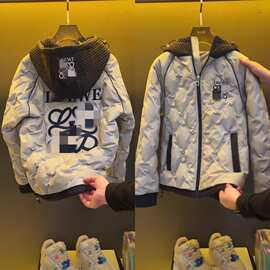 冬季新款百搭时尚休闲舒适帅气男士设计感连帽连帽棉服外套个性