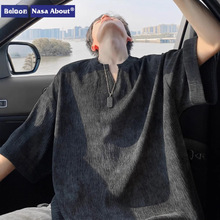 NASA黑色扎染v领短袖t恤男夏季薄款肌理感冰丝五分袖潮牌宽松上衣