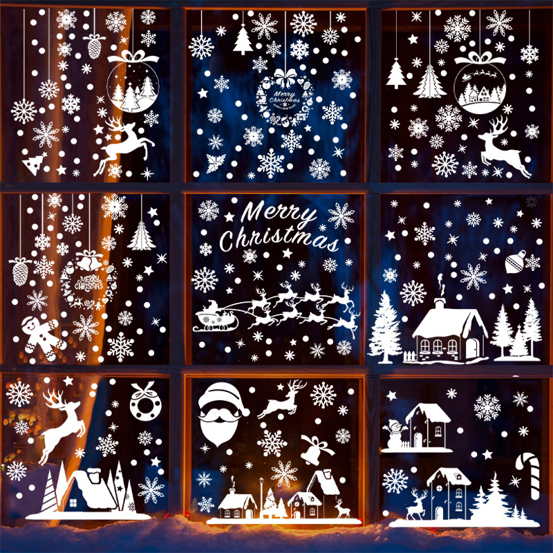 圣诞节装饰白色麋鹿雪花姜饼人圣诞树贴纸卧室店铺玻璃窗贴静电贴
