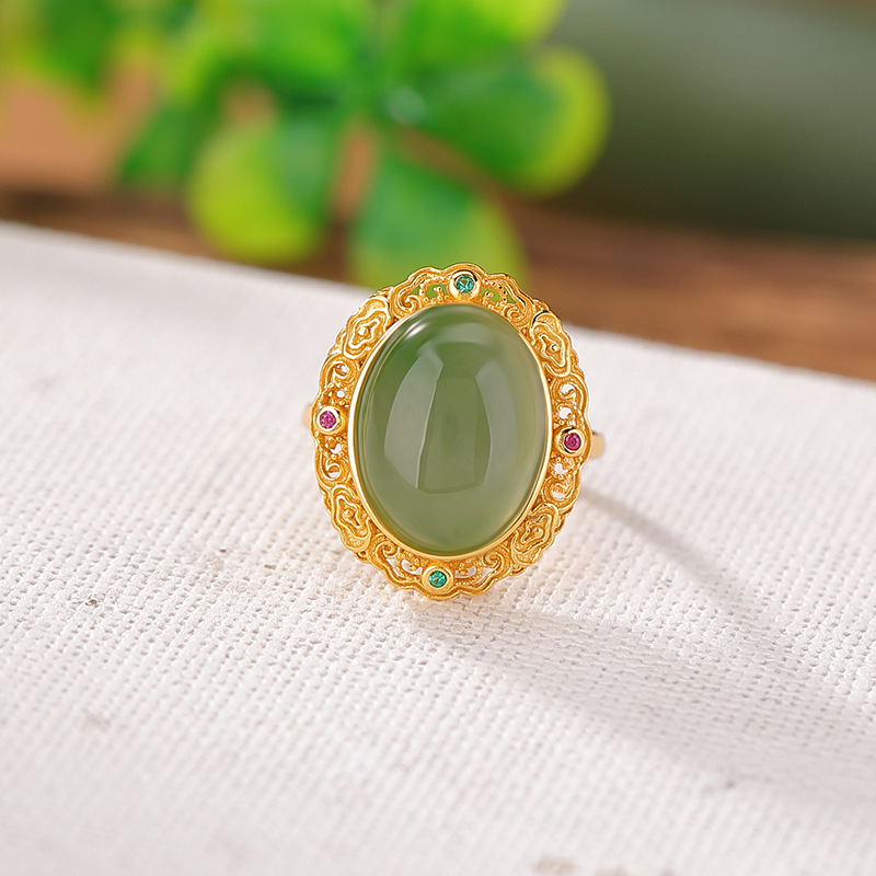 Nhẫn bạc S925 mạ vàng mặt ngọc bích jasper phong cách Trung Hoa họa tiết mây lành Ruyi — Bạc 925