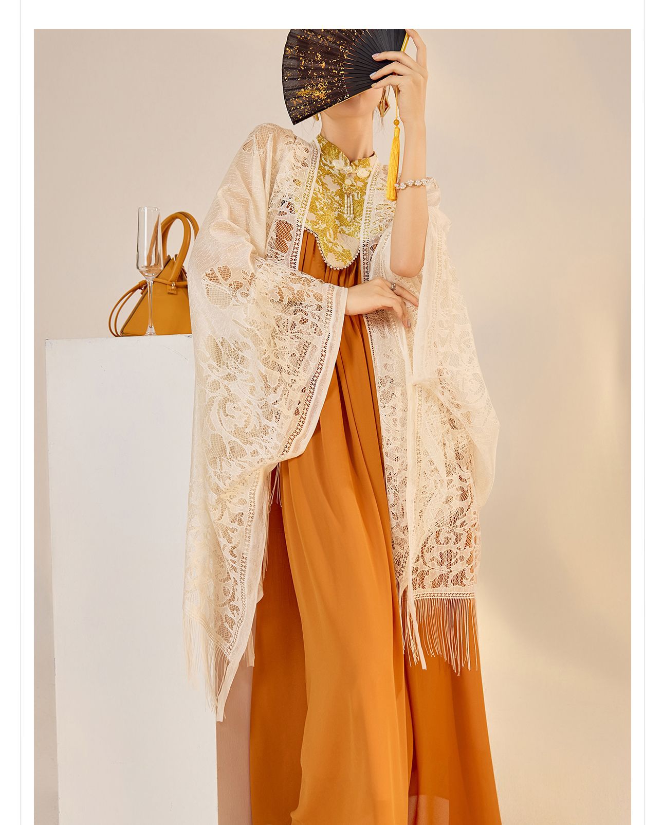 Áo cardigan rộng rãi tua rua dạng đan rỗng, phong cách sang trọng nhẹ nhàng — Màu trắng be chi tiết 6