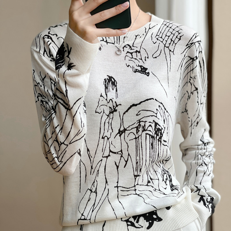 Women's ink painting graffiti knitted cardigan spring, autumn and winter light luxury high-end European slim worsted thin shirt