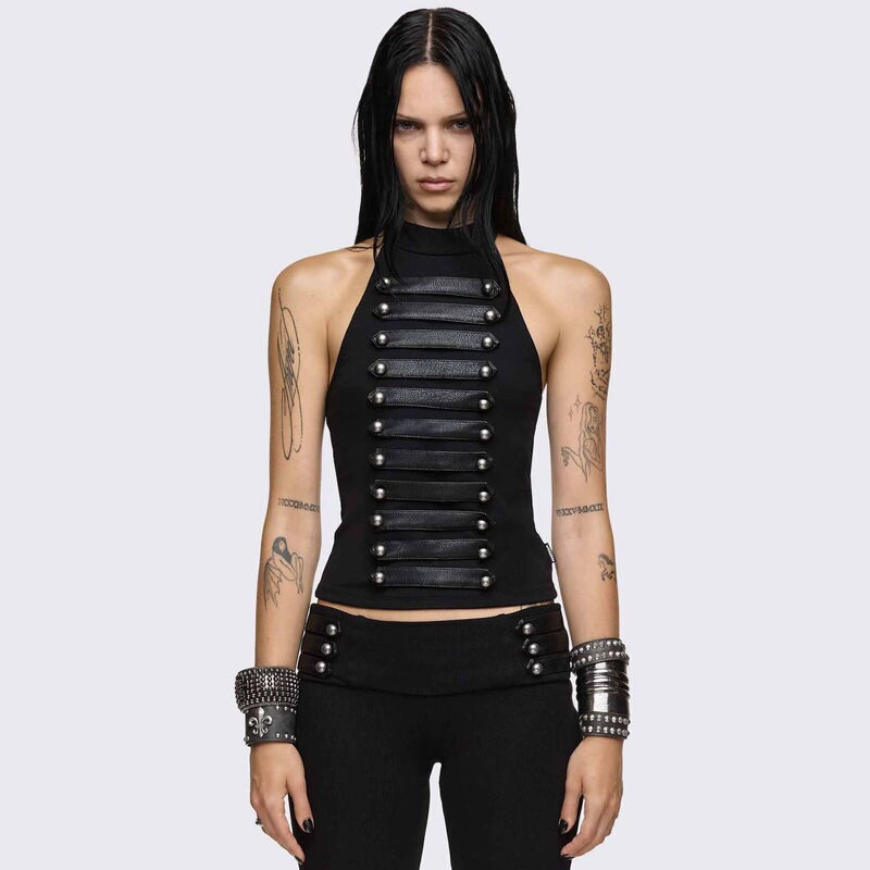 Hot girl's cropped halter neck sleeveless top with metal ball buckles and multiple leather straps, European and American dark punk style Hot girl's cropped halter neck sleeveless top with metal ball buckles and multiple leather straps, European and American dark punk style