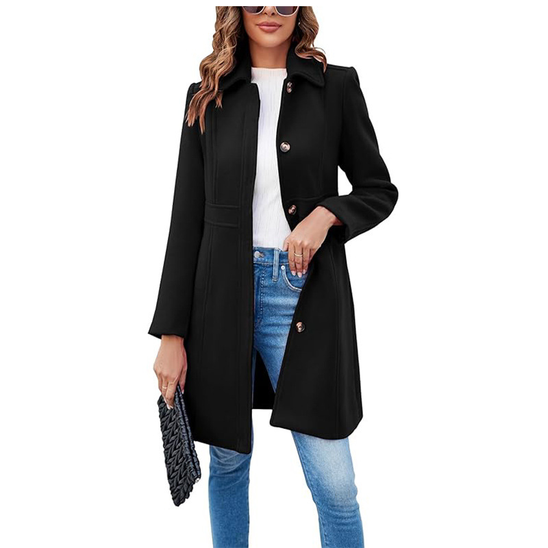 Amazon Cross-Border New Product Women's Elegant Single-Breasted Long-Sleeved Lapel Winter Coat Pea Coat with Lining