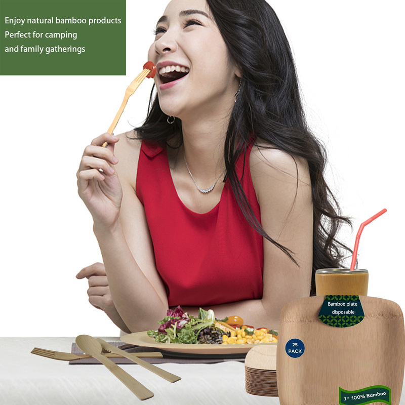Disposable Bamboo Plate Knife, Fork and Spoon Bamboo Dish Salad Cold Meal Round Square Plate Western Food Plate Natural Degradable Export