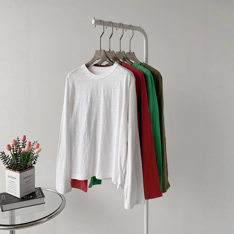 Solid Color Basic Summer Thin Organic Cotton Normcore Style Round Neck Loose Inner Long-Sleeved T-Shirt Casual Bottoming Shirt