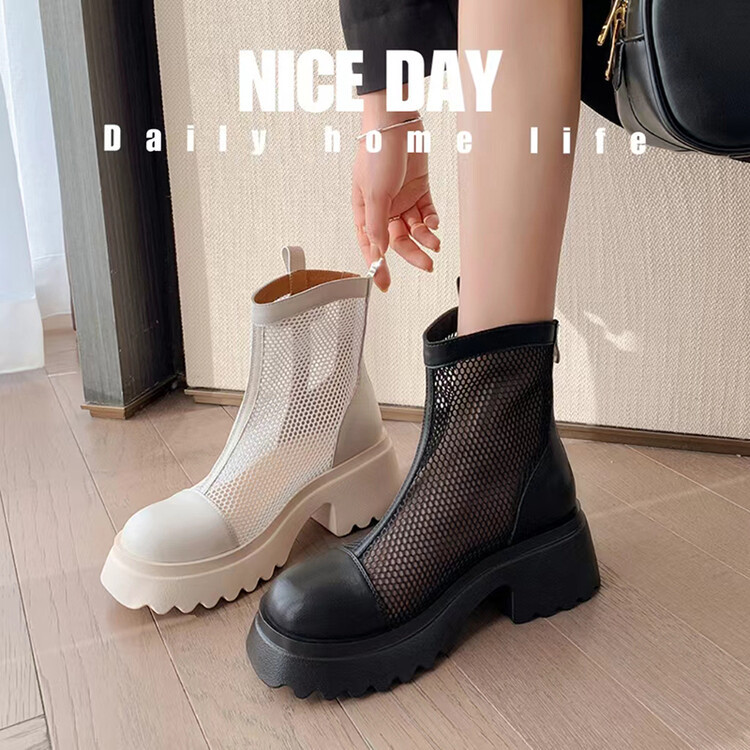 Boot nữ cổ cao đế dày gót bánh xốp da bò lưới thoáng khí xuân hè 2024 — Màu đen, Màu trắng be chi tiết 74