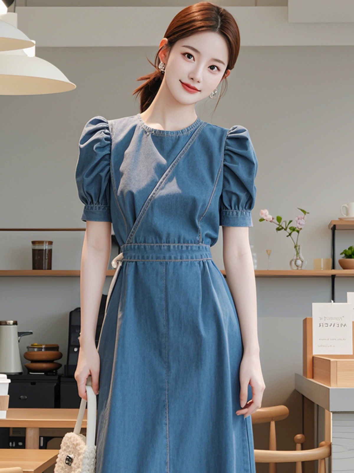Váy denim xanh dáng maxi thắt eo phong cách Hàn Quốc mùa hè — Màu xanh lam chi tiết 7