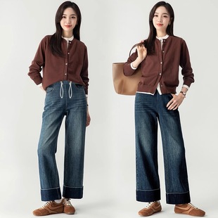 9575# Pregnant Women's Jeans Drawstring Pocket Wear Pants Casual Loosen Simple Wide Leg Pants Pregnant Women's Pants