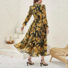 2025秋季新款印花碎花裙飘逸褶皱高腰复古气质女装宽松显瘦连衣裙