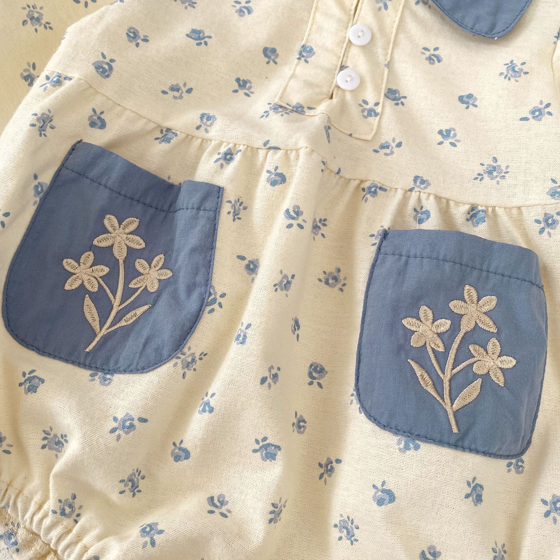 INS 2024 Autumn Infant and Girl Baby Floral Contrast Collar Embroidered Long Sleeves Yi Ha Skirt Bag Butt jumpsuit_voghion.com