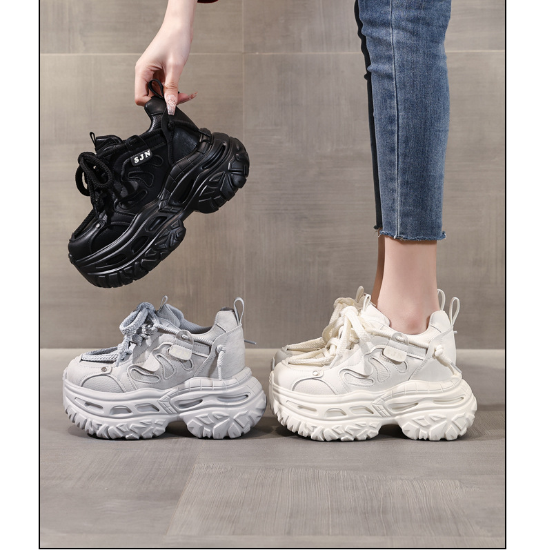 Giày sneaker nữ đế dày tăng chiều cao phong cách daddy chunky — màu đen chi tiết 16