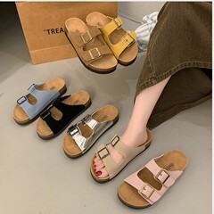 4.5cm厚い底のレトロな布のサンダルの女性2025新型の夏の外はボケンの靴のコルクの1字のサンダルを着ます。