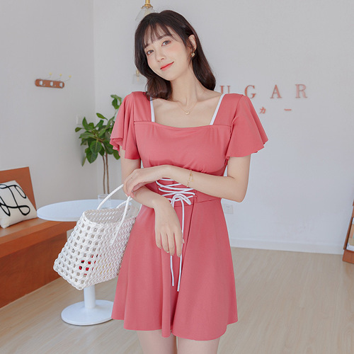 Women's swimsuit one-piece skirt style large size fashionable conservative solid color swimsuit fat mm slimming slim summer vacation swimsuit