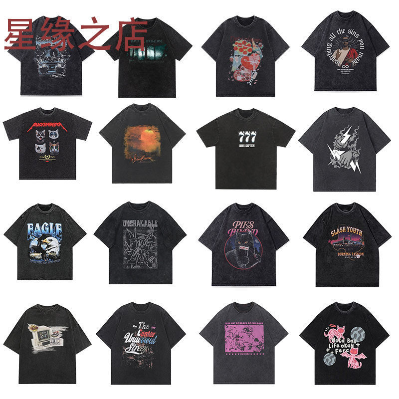 American Retro Washed Vintage Cat Print Short-Sleeve T-Shirt Unisex Trendy Brand Loose Fit Versatile Couple Half-Sleeve Shirt