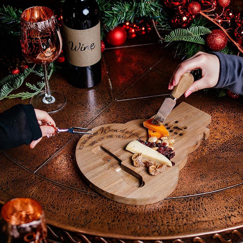 Serie de Navidad tabla de cortar de bambú fiesta en casa queso tabla de quesos Dibujos animados creativos de bambú con cuchillo y tenedor tabla de cortar