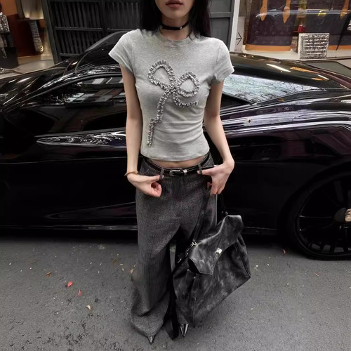 【210g 40 pieces pure cotton】pleated bow element short-sleeved round neck regular shoulder women's T-shirt for daily wear
