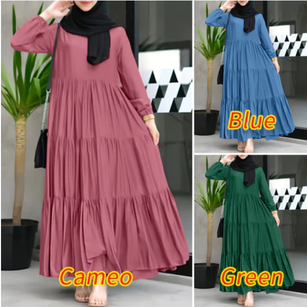 New Cross-Border Aliexpress Solid Color Round Neck Long-Sleeved Multi-Layer Mid-Length Dress