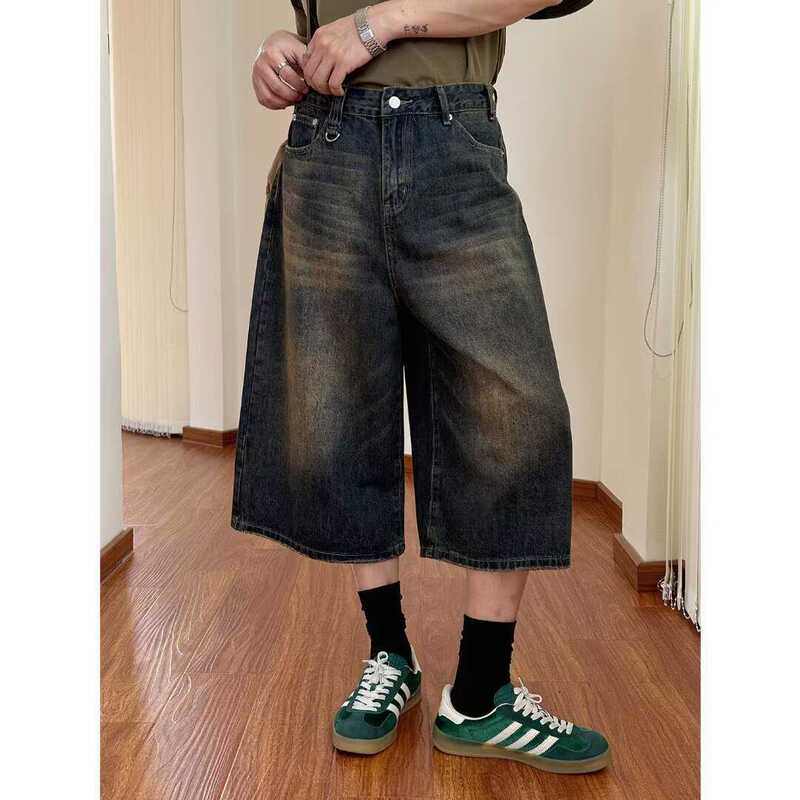 Trendy Japanese Style Old Denim Cropped Pants Summer Thin Men's Retro Design Sense Loose Wide Leg Straight Denim Shorts