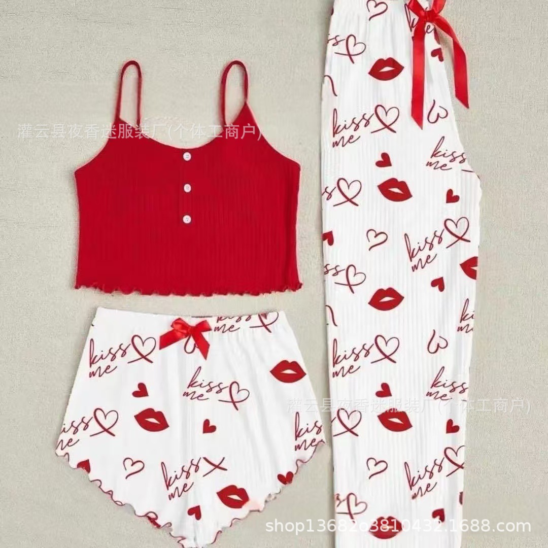 Cross-Border Sweet Camisole Lingerie Shorts and Pants Three-Piece Set Sexy Women's Loungewear Pajamas Autumn and Winter Wholesale