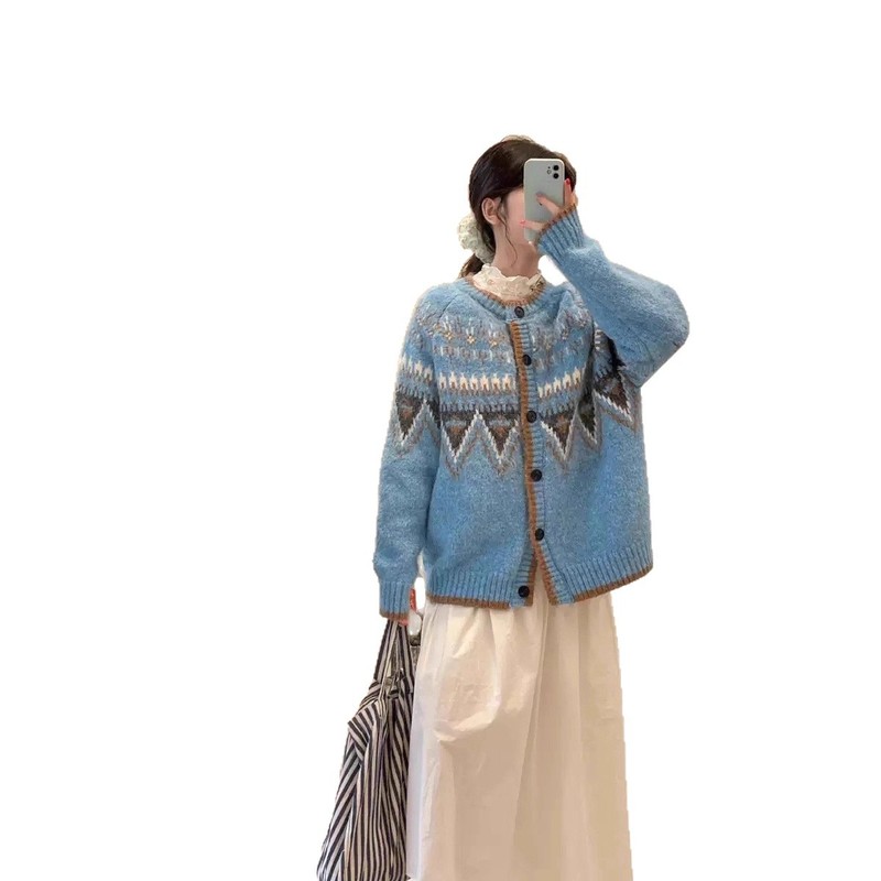 2025新款针织开衫甜美减龄秋冬超厚重磅费尔岛圆领毛衣外套女|undefined