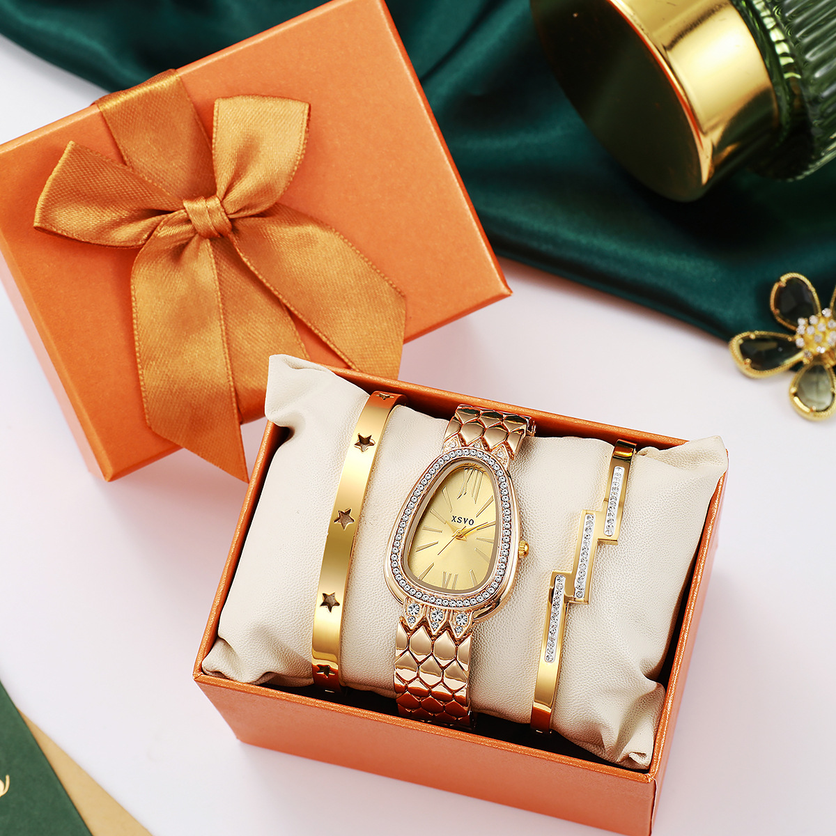 Fashion Women Diamond-Studded Quartz Wristwatch Drop-Shaped Shell Face Steel Band Watch Ladies Watch Bracelet Jewelry Set