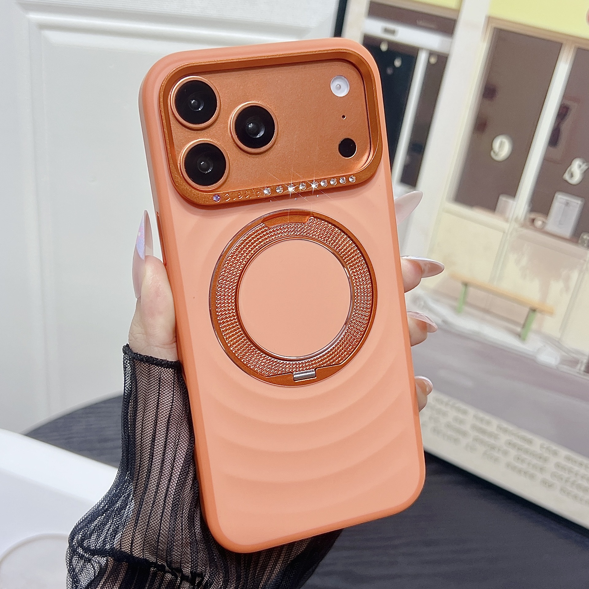 Light Luxury High-end Wave Pattern Rotating Bracket Phone Case For IPhone 17 Promax/16/15/14/13 Magnetic Anti Drop Protective Cover_voghion.com