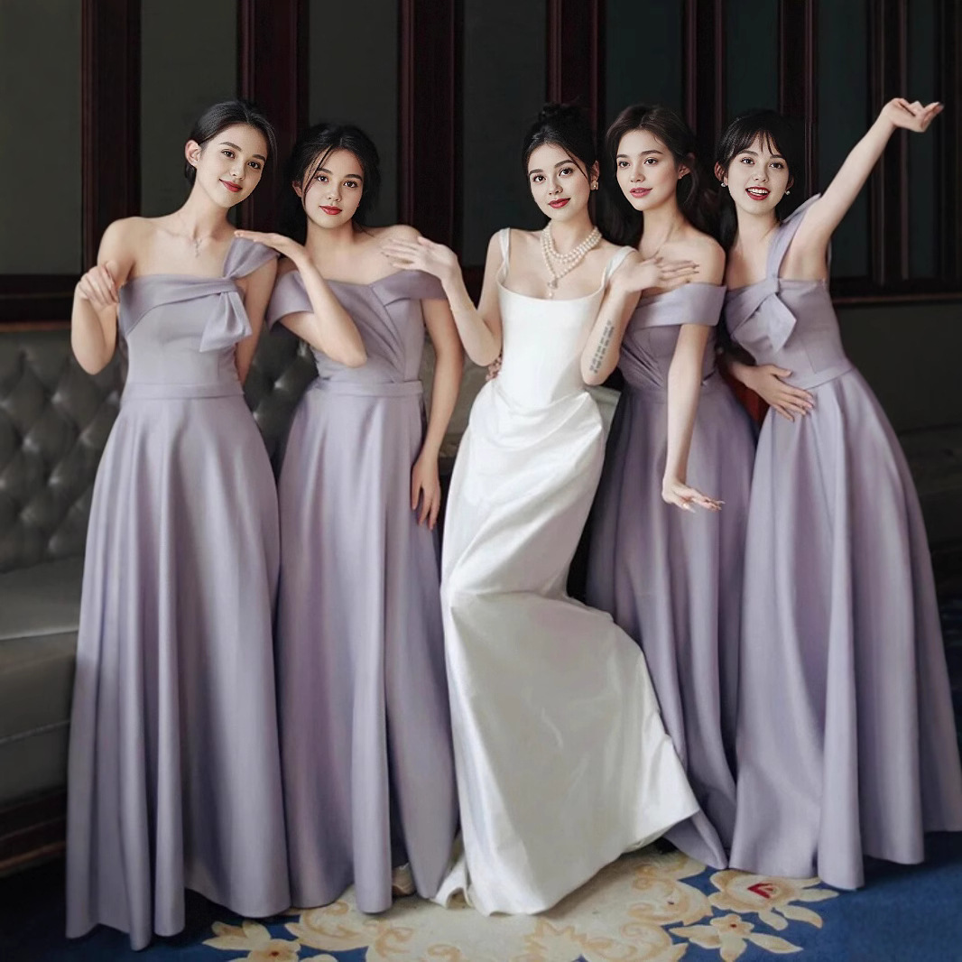 Satin Bridesmaid Dress Women's Purple Usually Wear Niche High Sense Sister Group Chorus Performance Evening Dress Autumn and Winter