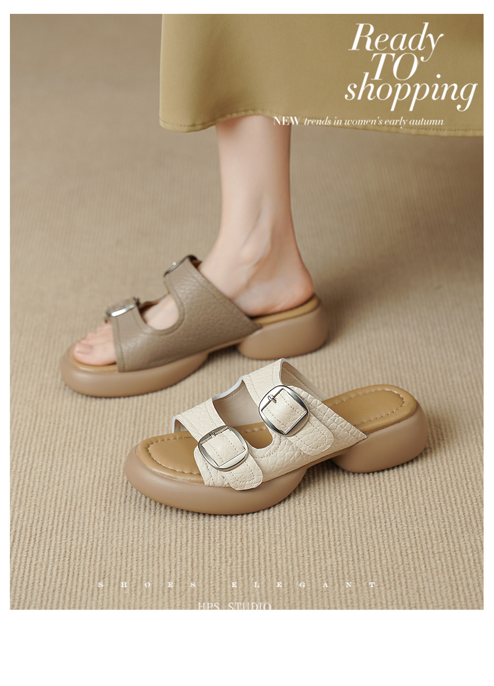 Dép sandal nữ quai chữ V đế dày da cừu khóa thắt lưng — Xám voi chi tiết 2